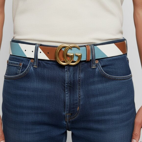 Gucci Calfskin Leather Belt Unisex GG Marmont 85cm Gold Double G 400593 - Picture 8 of 14